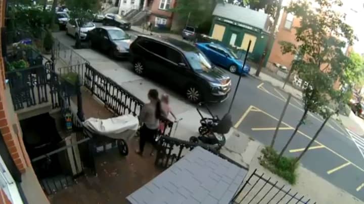 A woman was seen on video taking a package from a front stoop in Hoboken  Monday.