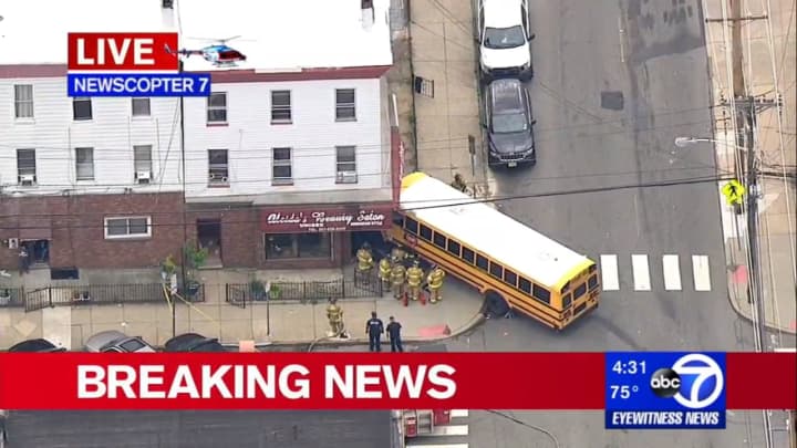 A school bus plowed into a building in Jersey City Friday. The driver of the bus suffered minor injuries, police said.