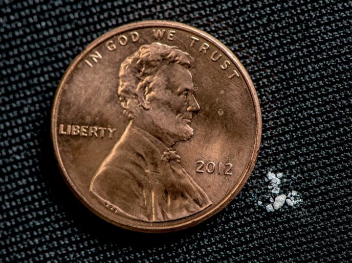 Shown here is 2 mg of fentanyl, a lethal dose for most people, according to the US Drug Enforcement Administration