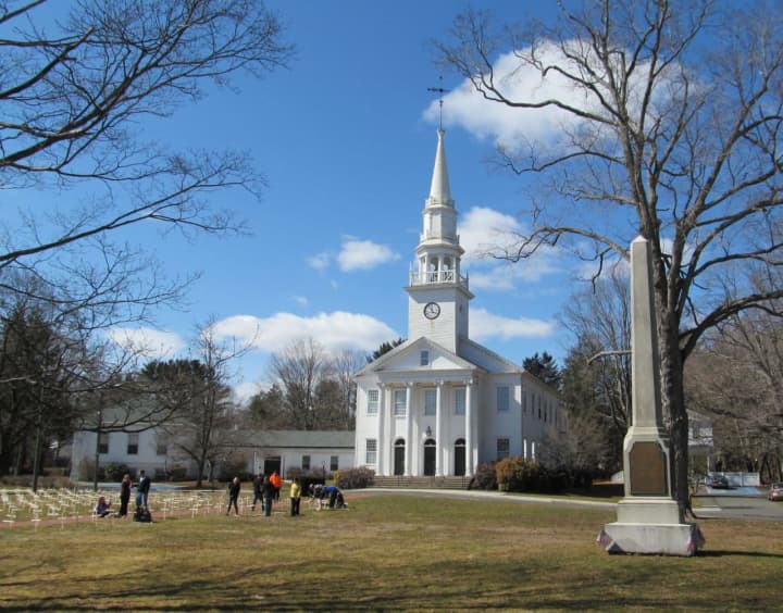Two Connecticut towns made Money&#x27;s list of top 50 places to live in the US in 2020. Pictured here is the congregational church in Cheshire.