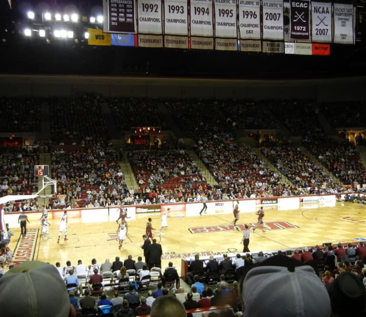 UMass Men&#x27;s Basketball play at the Mullins Center in 2014.  The photo is being used as an illustration. The game pictured  was not part of the 2020 NCAA review.