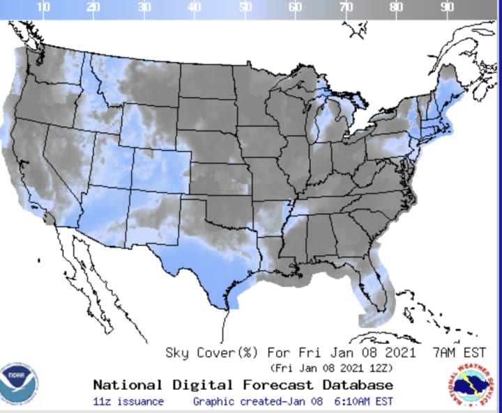 Cloud coverage map for Jan. 8 by the National Weather Service