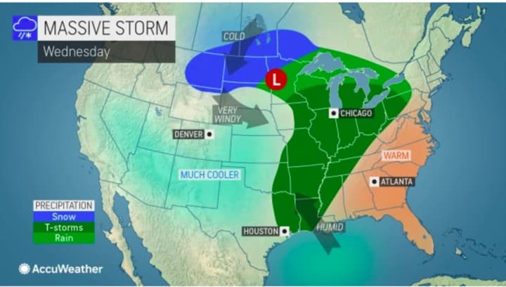 The storm system is currently in the Midwest on Wednesday, April 13 and will arrive in the Northeast on Thursday, April 14.