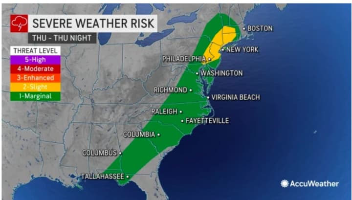 Areas shown in yellow are at a higher risk for severe weather from the storm system on Thursday, April 14.