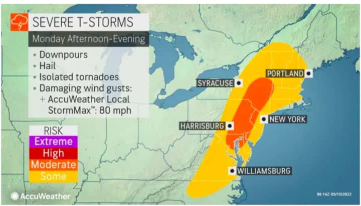 In some parts of the Northeast, wind gusts of up to 80 miles per hour are possible on Monday, May 16.