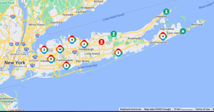 PSEG Long Island power-outage map at 9 a.m. Thursday, June 9.