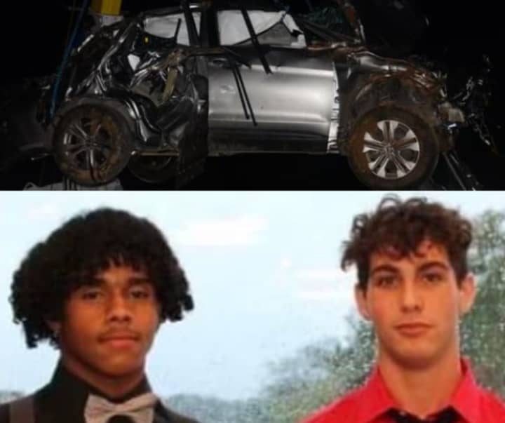 Tyreese &#x27;Ty&#x27; Smith (left) and Tyler Zook (right) and the car being lifted from the crash scene (above).