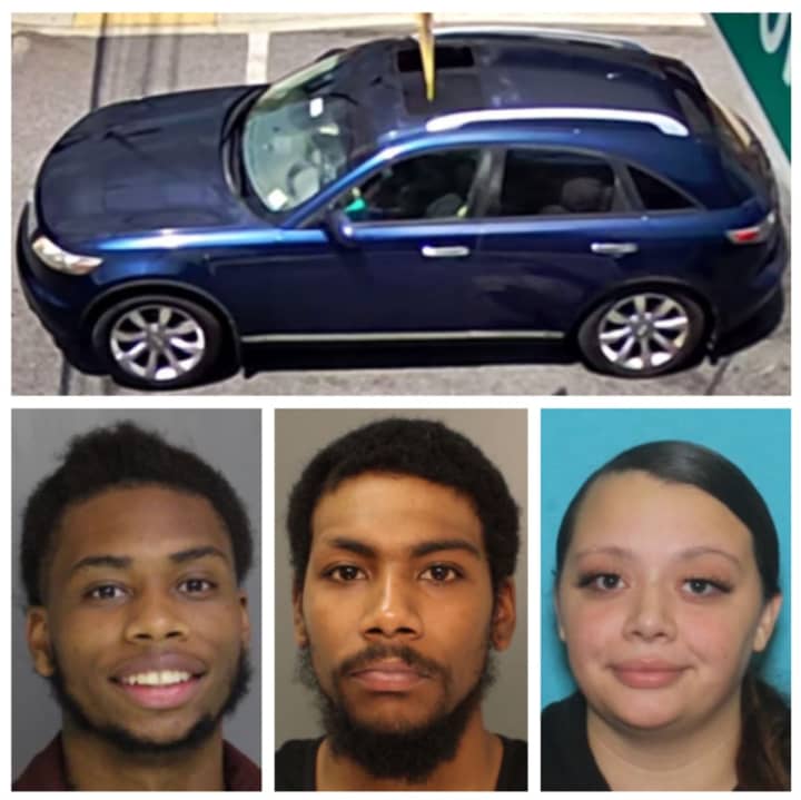 Hailey Ann Mia Torres (right), Kaywan Dean Johnson (left), Dajohn Na&#x27;Rayn Sanders (center), and the vehicle sought by Chambersburg police.