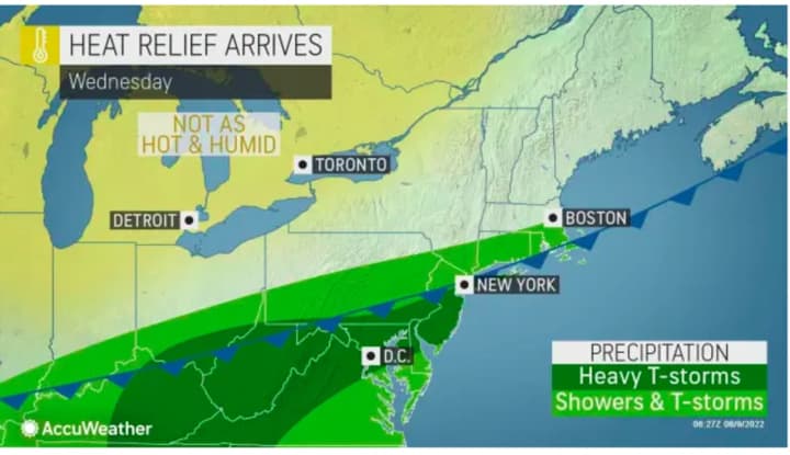 Relief from the heat will finally come Wednesday, Aug. 10 after a new system with scattered storms accompanies an approaching cold front.