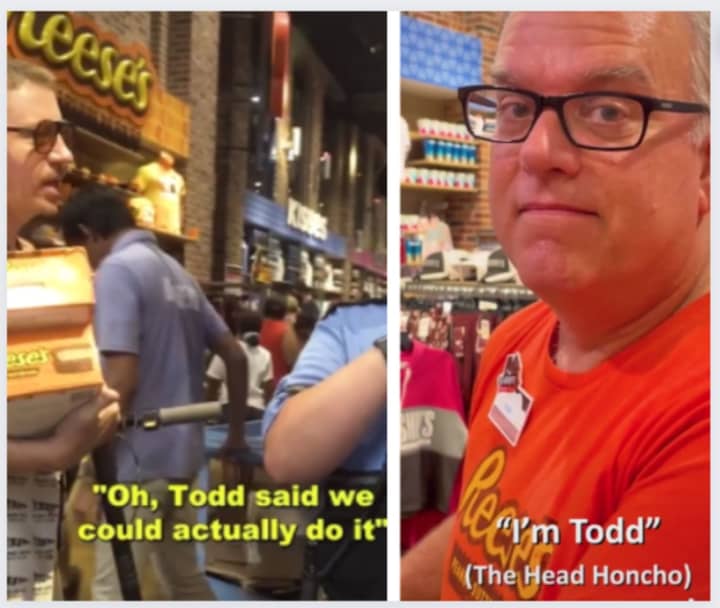 Macklemore&#x27;s original TikTok saying &quot;Todd&quot; gave him permission to ride a scooter in the store and Hershey&#x27;s ChocolateWorld&#x27;s response TikTok claiming they found Todd.