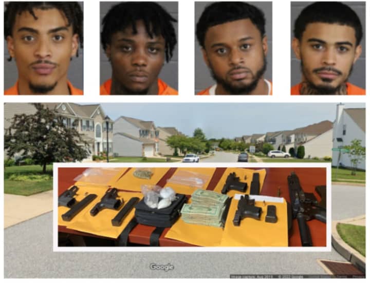 From left to right: Antonio Jones, Furman Dennis, Rashad Colon, and Matthew Hughes; the items seized, and the neighborhood where they were found.