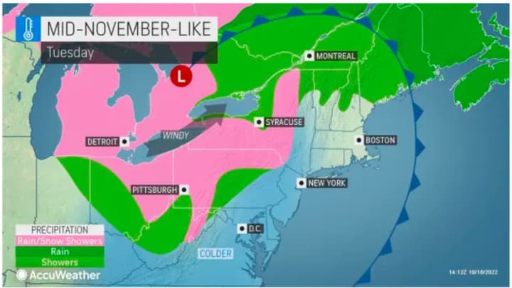 An updated look at areas (shown in pink) where snow showers are possible on Tuesday, Oct. 18.