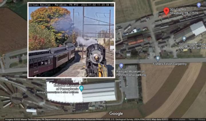 A screenshot of the Virtual Railfan webcam at Paradise, Pa., moments before Norfolk &amp; Western 4-8-0 475 collided with an excavator and a satellite image of the railyard and railroad museum.