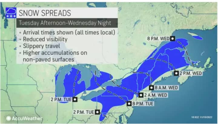 The storm system will cause slippery travel conditions in much of the Northeast, including during the morning commute on Wednesday, Nov. 16.