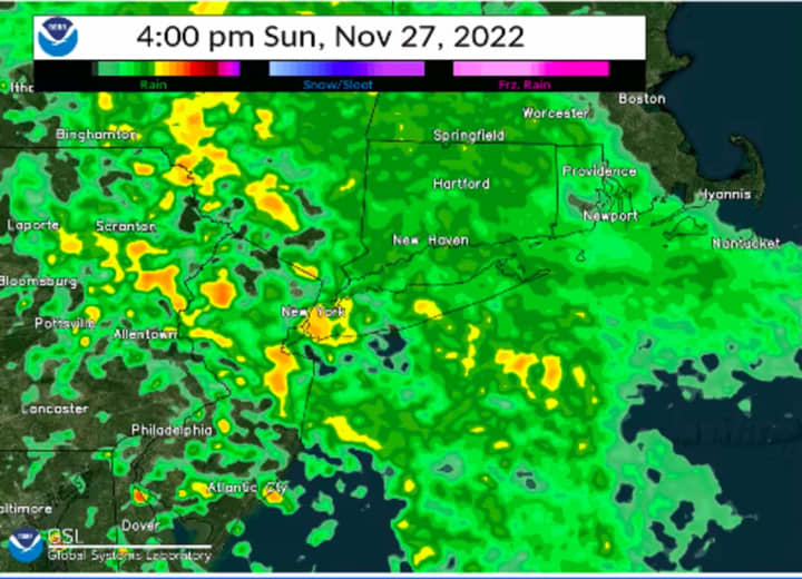 A projected radar image of the region for 4 p.m. Sunday, Nov. 27 from the National Weather Service.