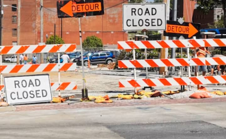 Stock image of &quot;Road Closed&quot; signs.