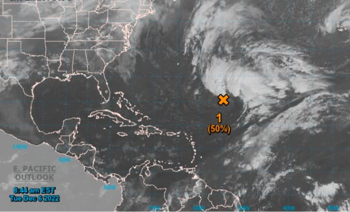 Forecasters are monitoring a system (marked by the &quot;X&quot;) that has the potential to become a rare December tropical storm. This image was captured Tuesday morning, Dec. 6.