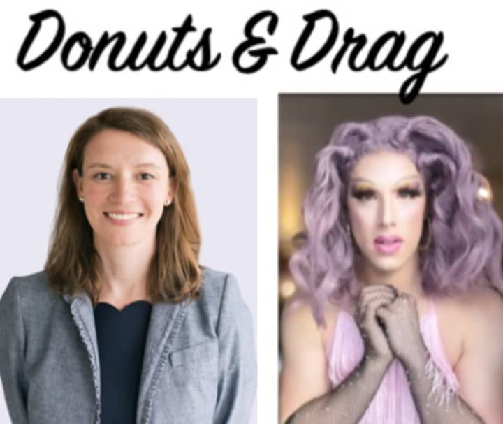 Rachel Heisler and her &quot;Donuts &amp; Drag&quot; poster featuring &quot;drag queen&quot; Chi Chi de Vivre.