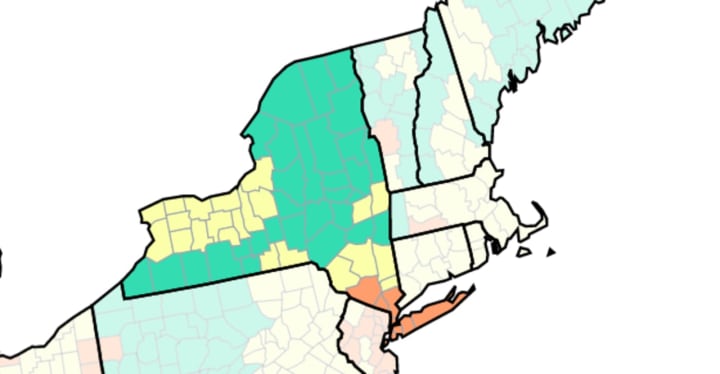 Counties shown in orange are where the CDC advises wearing masks indoors. Yellow counties are places in which those at high risk for severe disease should be cautious, and in green counties, indoor masking is not necessary.
