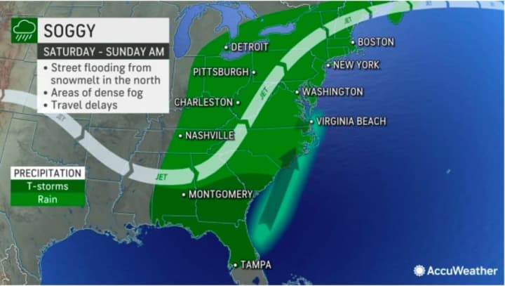 The soggy weather pattern will extend up and down the East Coast on New Year&#x27;s Eve, Saturday, Dec. 31 into New Year&#x27;s Day, Sunday, Jan. 1.