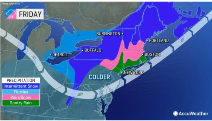 A look at precipitation types expected on Friday, Jan. 6: rain (green), rain/snow (pink), flurries (light blue), and intermittent snow (blue).