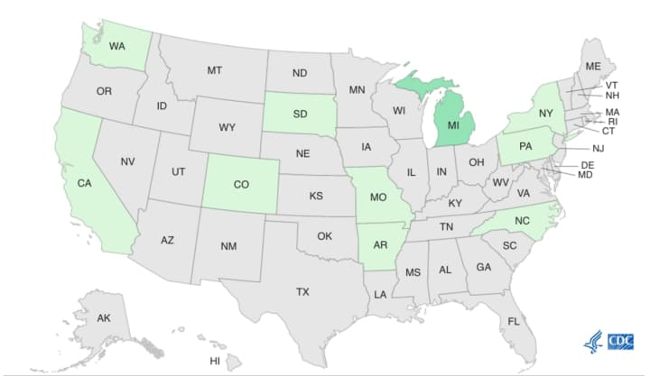 A total of 11 illnesses have been reported in 10 states, including New York, shown in the image above.