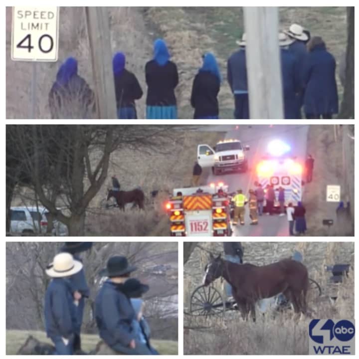 The scene of the deadly horse-and-buggy crash and local Amish people praying near the crash site.