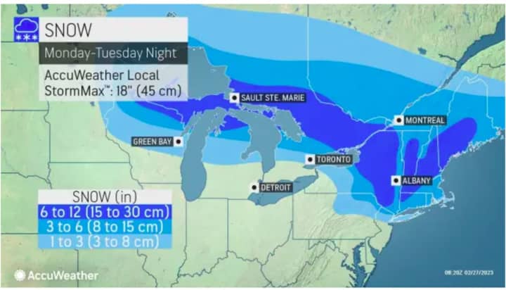A look at projected snowfall totals for the storm on track for late Monday afternoon, Feb. 27 into Tuesday, Feb. 28: 1 to 3 inches (light blue), 3 to 6 inches (Columbia blue), and 6 to 12 inches (blue).