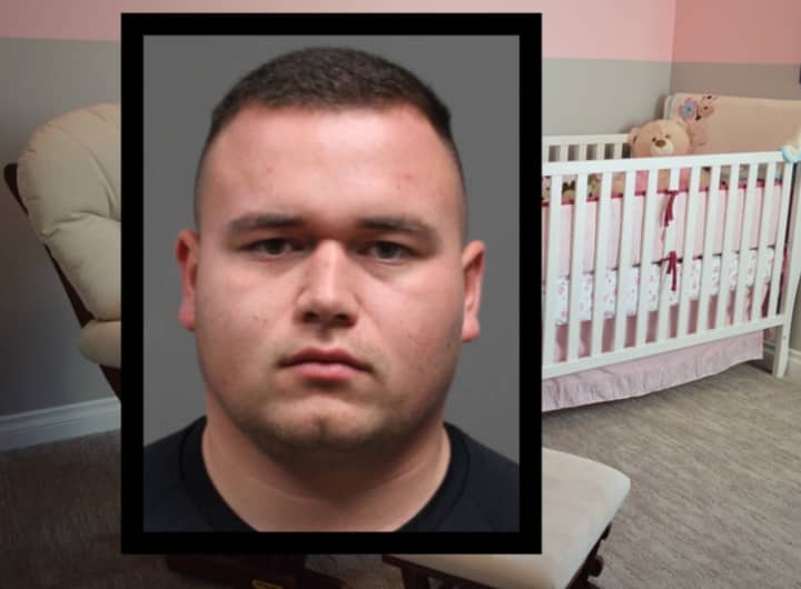 Dakota Leonel Johnson-Ortiz and a stock image of a baby&#x27;s nursery showing a crib like the one he allegedly shot at.