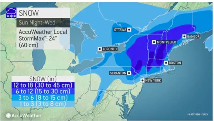 A look at projected snowfall totals from the early week Nor&#x27;easter.