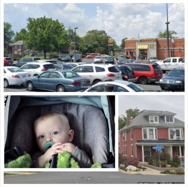 A stock image of a toddler in a carseat, the McDonald&#x27;s where the child was found and the neighborhood where the teen was stopped in the stolen vehicle.