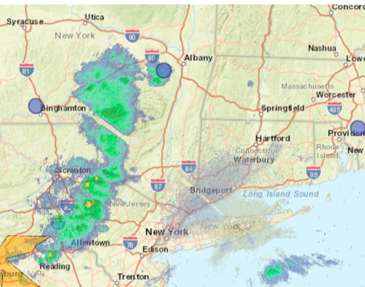 A radar image from around 5:30 p.m. Saturday, April 1 shows the band of storms moving from west to east.