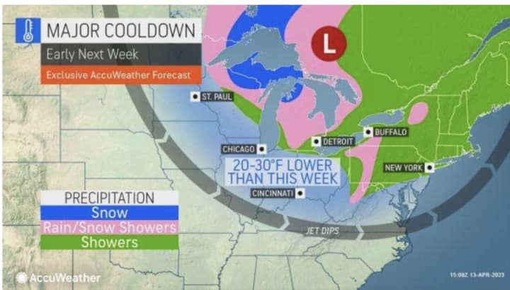 Areas in pink could see snow showers early next week.