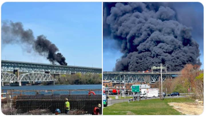 Flames broke out after the crash around 11 a.m. Friday, April 21 on the Gold Star Memorial Bridge on I-95 in New London County.
