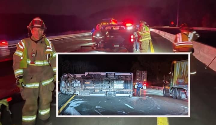 A passenger van overturned after the pickup truck that was towing its trailer lost control on Route 78, temporarily closing the highway in Hunterdon County before dawn on Wednesday, May 10, state police said.