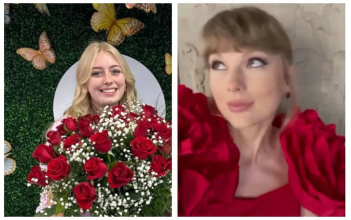 Ripleigh holding her roses from Taylor Swift.