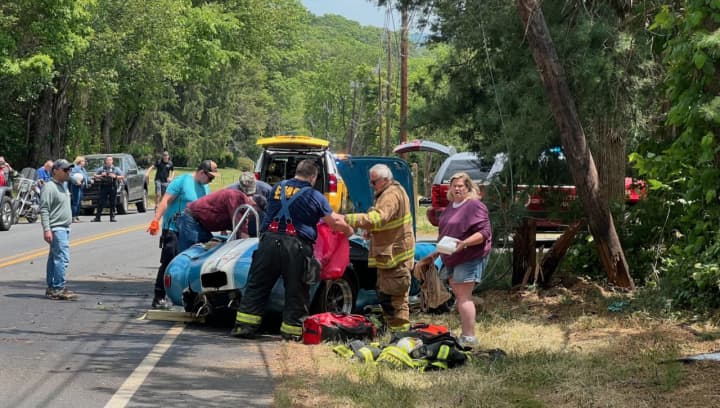 Three people were taken to trauma centers and a yellow lab was rescued during back-to-back crashes in Hunterdon County on Sunday, June 4, responders said.