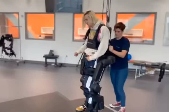 Anthony Mouravski walks for the first time since his accident using the Atalante X exoskeleton.