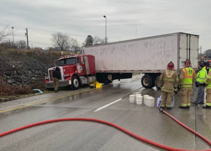 The Lafayette Fire Company and Lancaster County HazMat cleaning up the fuel spill from the jackknifed tractor-trailer on US Route 30 in Lancaster.&nbsp;&nbsp;