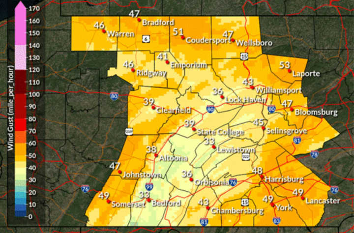 A maximum wind gust map for Central Pennsylvania from January 9, 2024.&nbsp;