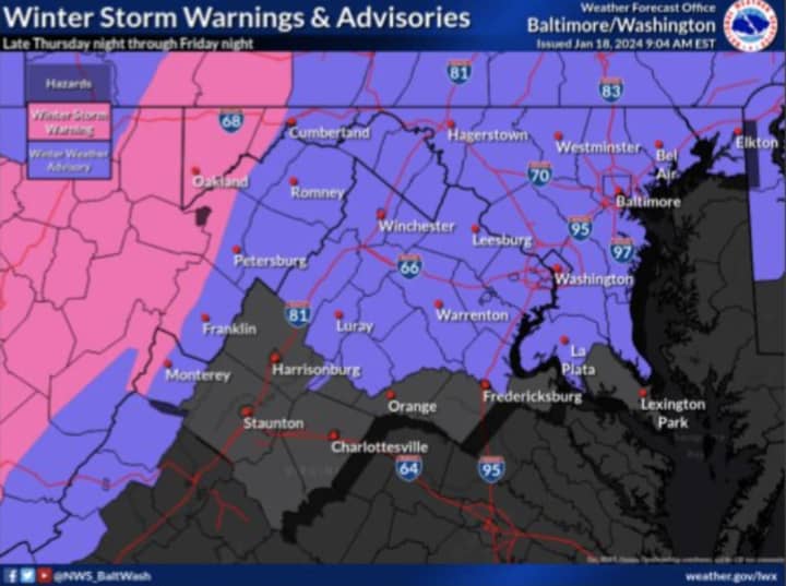 Winter storm warnings and advisories in the region.