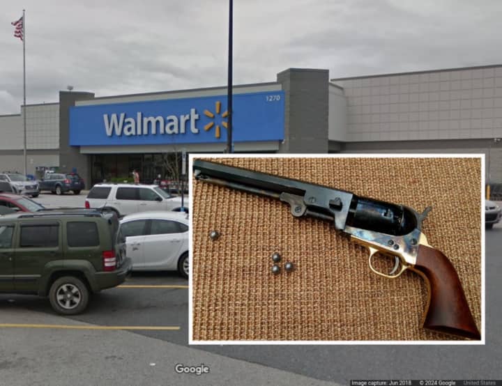 A replica of a&nbsp;Pietta 1851 Confederate Navy Revolver and the Walmart located at 1270 York Road in Gettysburg where a real one was found in a parking lot trash can, Pennsylvania State Police say.&nbsp;