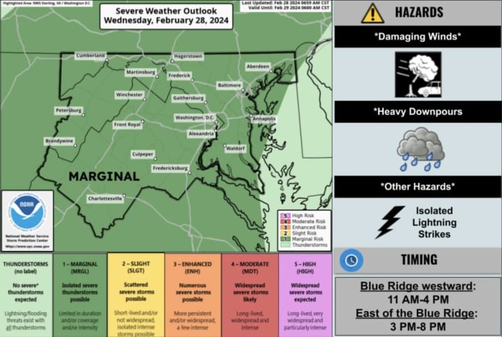 The "severe weather outlook" in the DMV region for Wednesday into Thursday.