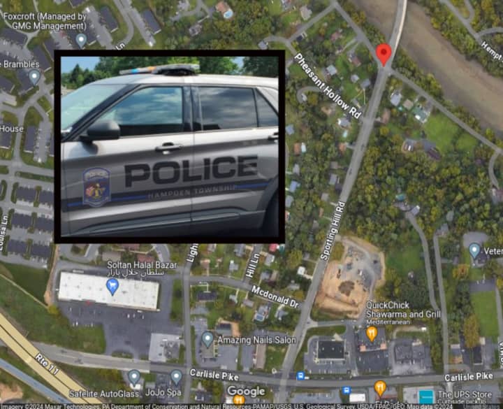 A Hampden Township Police Department vehicle and a map showing Erbs Bridge Road off Sporting Hill Drive when the fatal officer involved shooting happened, Pennsylvania State Police say.&nbsp;