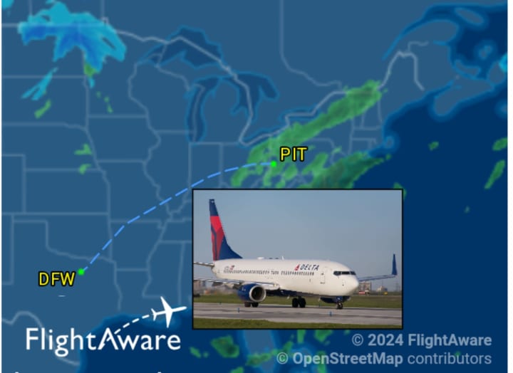 A Delta Boeing 737 and the new flight map for the diverted plane.