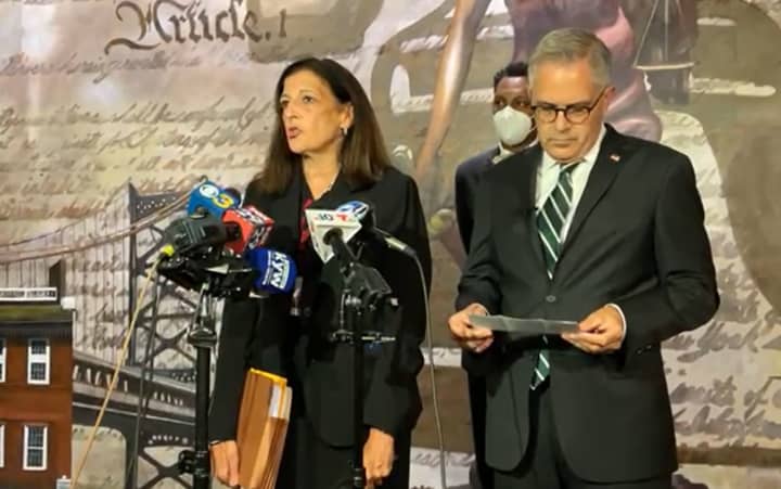 Assistant District Attorney Joanne Pescatore (left) and District Attorney Larry Krasner announcing the arrests of Quadir Dukes-Hill, 18, and Nahjee Whittington, 18, at a Thursday afternoon press conference.