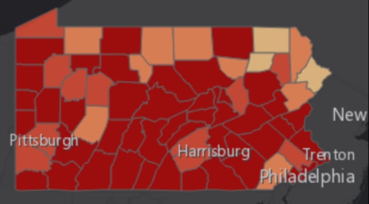 Map of Coronavirus cases in Pennsylvania.