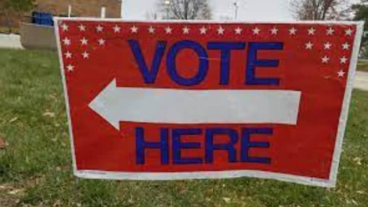 &quot;Vote Here&quot; sign in Harrisburg, Pennsylvania in Nov. 2019.