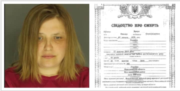 Oksana Olkesandrivna Brown in April, 2018. Her death certificate issued by the Ukrainian government in Jan., 2020.