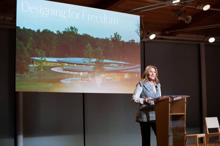 Sharon Prince, president and founder of Grace Farms Foundation in New Canaan speaks at the Designing for Freedom panel discussion Nov. 15.
